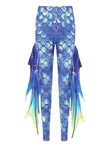 TiaoBug Damen Meerjungfrau Leggings Glänzend Hose Pants mit Tüll Schlaghose Fischschuppen Druck Faschingskostüm Karneval Verkleidung Blau D XL von TiaoBug