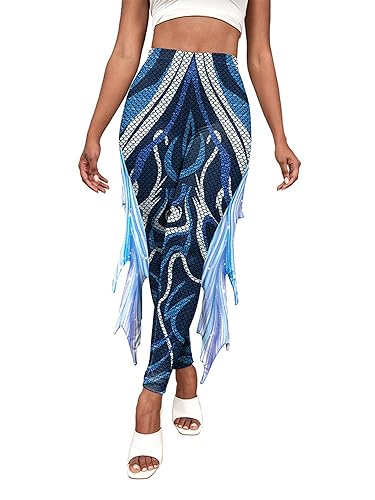 TiaoBug Damen Meerjungfrau Leggings Glänzend Hose Pants mit Tüll Schlaghose Fischschuppen Druck Faschingskostüm Karneval Verkleidung Blau Weiß D M von TiaoBug