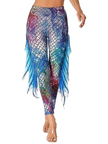 TiaoBug Damen Meerjungfrau Leggings Glänzend Hose Pants mit Tüll Schlaghose Fischschuppen Druck Faschingskostüm Karneval Verkleidung Bunt D L von TiaoBug