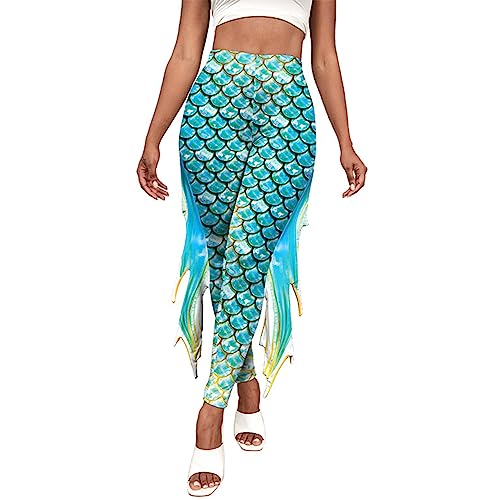 TiaoBug Damen Meerjungfrau Leggings Glänzend Hose Pants mit Tüll Schlaghose Fischschuppen Druck Faschingskostüm Karneval Verkleidung Cyan D L von TiaoBug