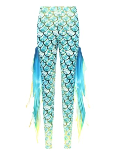 TiaoBug Damen Meerjungfrau Leggings Glänzend Hose Pants mit Tüll Schlaghose Fischschuppen Druck Faschingskostüm Karneval Verkleidung Cyan D M von TiaoBug