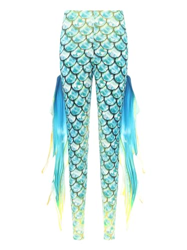 TiaoBug Damen Meerjungfrau Leggings Glänzend Hose Pants mit Tüll Schlaghose Fischschuppen Druck Faschingskostüm Karneval Verkleidung Cyan D XL von TiaoBug