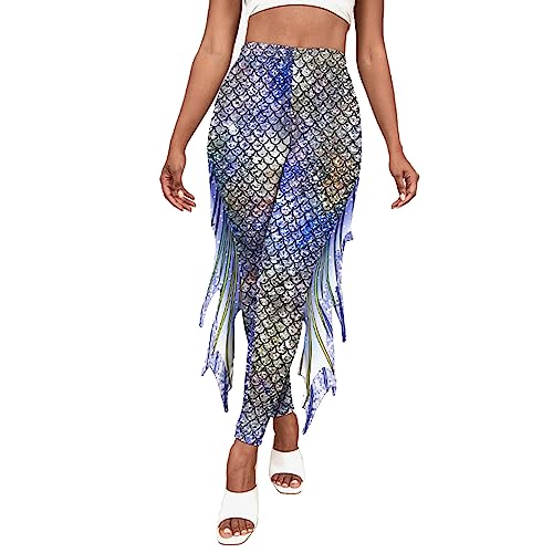 TiaoBug Damen Meerjungfrau Leggings Glänzend Hose Pants mit Tüll Schlaghose Fischschuppen Druck Faschingskostüm Karneval Verkleidung Gold Blau D L von TiaoBug