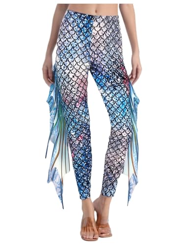 TiaoBug Damen Meerjungfrau Leggings Glänzend Hose Pants mit Tüll Schlaghose Fischschuppen Druck Faschingskostüm Karneval Verkleidung Gold Blau D XL von TiaoBug