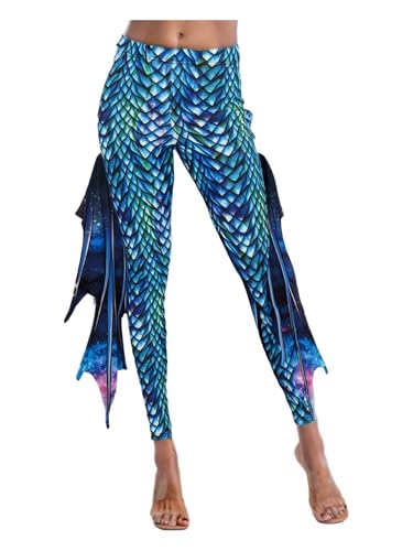 TiaoBug Damen Meerjungfrau Leggings Glänzend Hose Pants mit Tüll Schlaghose Fischschuppen Druck Faschingskostüm Karneval Verkleidung Grün D L von TiaoBug