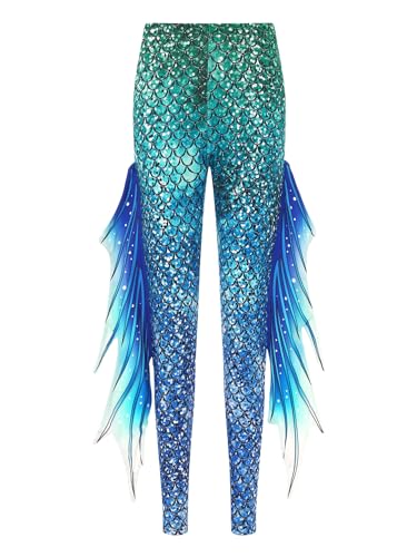 TiaoBug Damen Meerjungfrau Leggings Glänzend Hose Pants mit Tüll Schlaghose Fischschuppen Druck Faschingskostüm Karneval Verkleidung Grün blau D M von TiaoBug