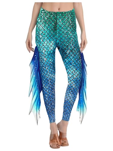 TiaoBug Damen Meerjungfrau Leggings Glänzend Hose Pants mit Tüll Schlaghose Fischschuppen Druck Faschingskostüm Karneval Verkleidung Grün blau D XL von TiaoBug