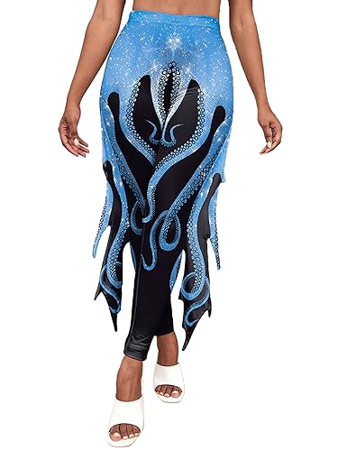 TiaoBug Damen Meerjungfrau Leggings Glänzend Hose Pants mit Tüll Schlaghose Fischschuppen Druck Faschingskostüm Karneval Verkleidung Hellblau Schwarz D L von TiaoBug