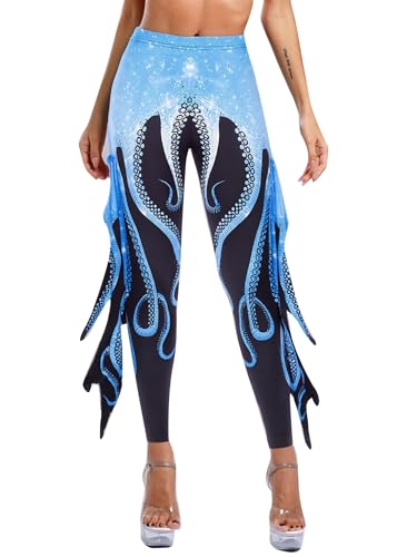 TiaoBug Damen Meerjungfrau Leggings Glänzend Hose Pants mit Tüll Schlaghose Fischschuppen Druck Faschingskostüm Karneval Verkleidung Hellblau Schwarz D XL von TiaoBug