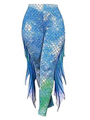 TiaoBug Damen Meerjungfrau Leggings Glänzend Hose Pants mit Tüll Schlaghose Fischschuppen Druck Faschingskostüm Karneval Verkleidung Himmelblau D L von TiaoBug