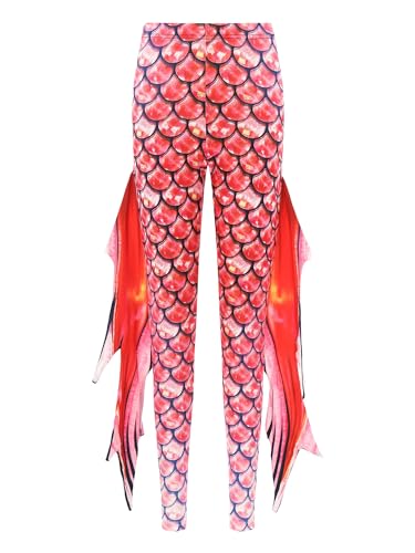 TiaoBug Damen Meerjungfrau Leggings Glänzend Hose Pants mit Tüll Schlaghose Fischschuppen Druck Faschingskostüm Karneval Verkleidung Rot D L von TiaoBug