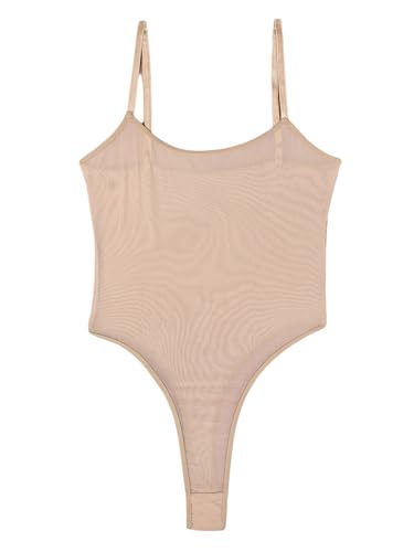 TiaoBug Damen Mesh Body Transparent Stringbody Rückenfrei Neckholder Top Oberteil String Tanga Hoher Beinausschnitt Reizwäsche Hautfarbe G L von TiaoBug