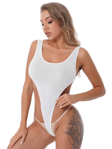 TiaoBug Damen Mesh Body Transparent Stringbody Rückenfrei Neckholder Top Oberteil String Tanga Hoher Beinausschnitt Reizwäsche Weiß E Einheitsgröße von TiaoBug