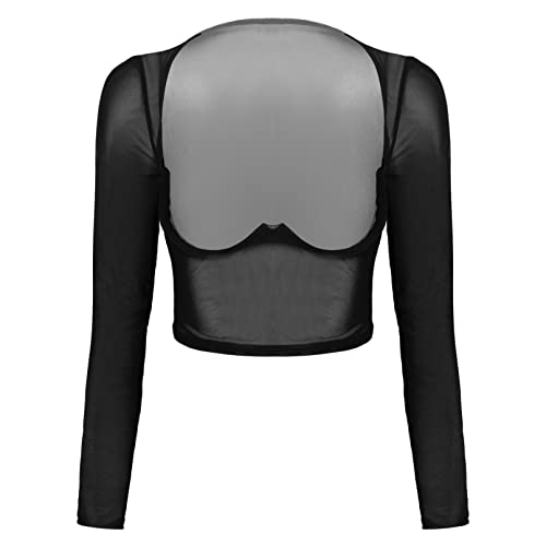 TiaoBug Damen Mesh Crop Top Kurzarm Unterhemd Bauchfreies Oberteil Basic Transparent Unterwäsche Shirts Ouvert Dessous Reizvoll Schwarz Langarm S von TiaoBug
