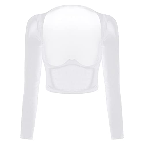 TiaoBug Damen Mesh Crop Top Kurzarm Unterhemd Bauchfreies Oberteil Basic Transparent Unterwäsche Shirts Ouvert Dessous Reizvoll Weiß Langarm S von TiaoBug