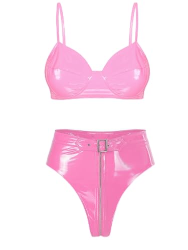 TiaoBug Damen Metallic Bikini Sets Zweiteilige Badeanzug Bademode BH Oberteil gekreuzt Rücken und Slip Bikinihose in Glanz Silber Schwarz Gold Rosa High Waist L von TiaoBug