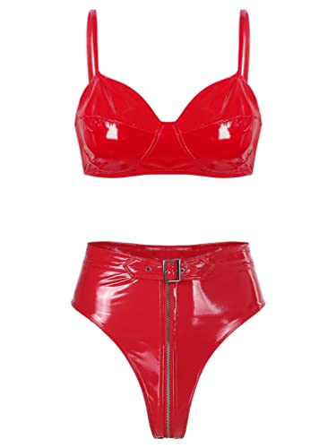 TiaoBug Damen Metallic Bikini Sets Zweiteilige Badeanzug Bademode BH Oberteil gekreuzt Rücken und Slip Bikinihose in Glanz Silber Schwarz Gold Rot High Waist L von TiaoBug