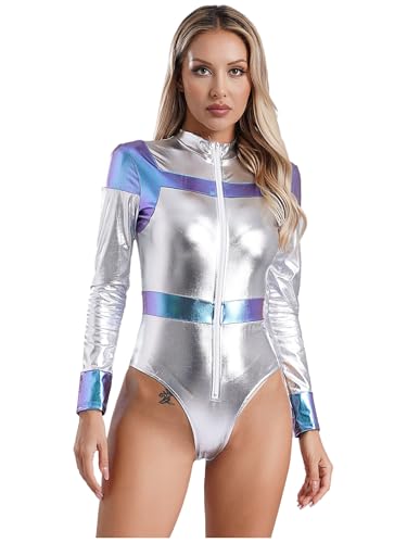TiaoBug Damen Metallic Body Slim Fit Bodycon Bodysuit Stretch Jumpsuit Kurzes Overall Sport Leotard Tanz Trikot Fasching Karneval Kostüm Silber Space B S von TiaoBug