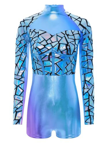TiaoBug Damen Metallic Body mit Bein Wetlook Unterwäsche Langarm Rollkragen Bodysuit Gymnastik Turn Leotard Patchwork Top Shorty Overalls Jumpsuit Weltraum Kostüm Blau S von TiaoBug
