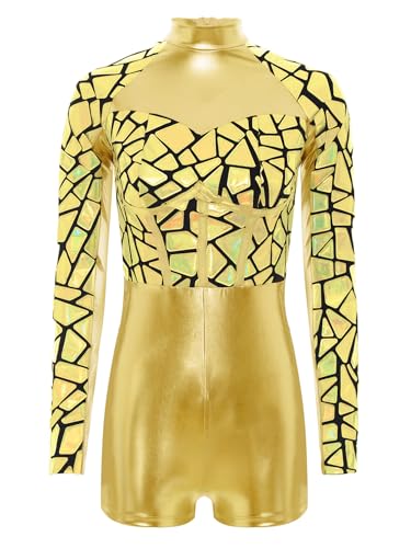 TiaoBug Damen Metallic Body mit Bein Wetlook Unterwäsche Langarm Rollkragen Bodysuit Gymnastik Turn Leotard Patchwork Top Shorty Overalls Jumpsuit Weltraum Kostüm Gold L von TiaoBug