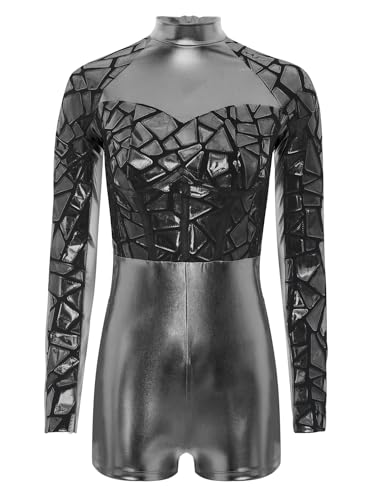 TiaoBug Damen Metallic Body mit Bein Wetlook Unterwäsche Langarm Rollkragen Bodysuit Gymnastik Turn Leotard Patchwork Top Shorty Overalls Jumpsuit Weltraum Kostüm Schwarz 4XL von TiaoBug