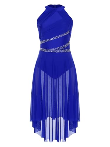 TiaoBug Damen Metallic Eiskunstlauf Kleid Asymmetrische Rollschuhkleider Ärmellos Neckholder Tanzkleid mit Raffung Tutu Rock Kürkleid Tanzbekleidung Blau XXL von TiaoBug