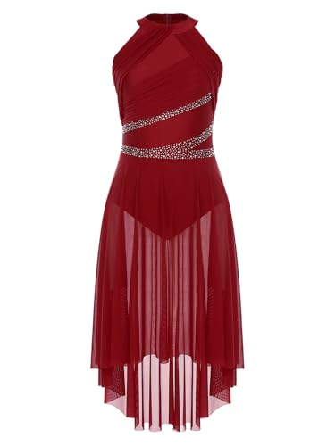 TiaoBug Damen Metallic Eiskunstlauf Kleid Asymmetrische Rollschuhkleider Ärmellos Neckholder Tanzkleid mit Raffung Tutu Rock Kürkleid Tanzbekleidung Burgundy XXL von TiaoBug