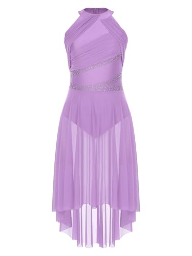 TiaoBug Damen Metallic Eiskunstlauf Kleid Asymmetrische Rollschuhkleider Ärmellos Neckholder Tanzkleid mit Raffung Tutu Rock Kürkleid Tanzbekleidung Hell Lila S von TiaoBug