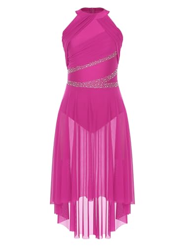 TiaoBug Damen Metallic Eiskunstlauf Kleid Asymmetrische Rollschuhkleider Ärmellos Neckholder Tanzkleid mit Raffung Tutu Rock Kürkleid Tanzbekleidung Hot Pink S von TiaoBug