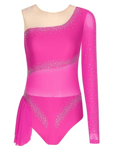 TiaoBug Damen Metallic Gymnastikanzug Langarm/Ärmellos Turnanzug mit Glitzer Mesh Spleiß Tanzbody Ballett Trikot mit Volants Eiskunstlauf Kleid Hot Pink XL von TiaoBug