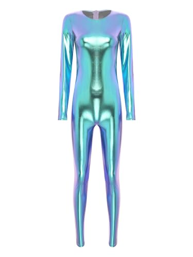 TiaoBug Damen Metallic Gymnastikanzug Slim Fit Stretch Ganzkörperanzug Langarm Overall Jumpsuit Skinny Hose Einteiler Fitness Yoga Outfits Blau M von TiaoBug