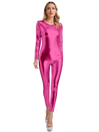 TiaoBug Damen Metallic Gymnastikanzug Slim Fit Stretch Ganzkörperanzug Langarm Overall Jumpsuit Skinny Hose Einteiler Fitness Yoga Outfits Hot Pink XXL von TiaoBug