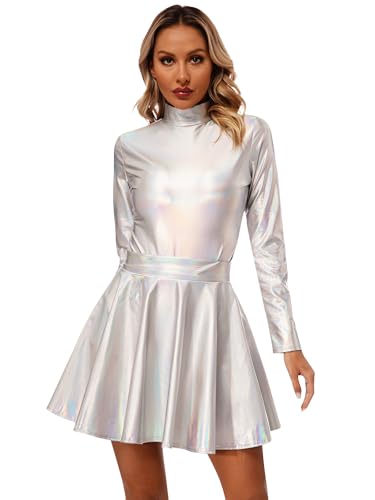 TiaoBug Damen Metallic Kleid Langarm Wetlook Body Rollkragen Bodysuit mit Hoher Bund Faltenrock Zweiteiler Skaterkleider Partykleid Gogo Tanz Clubwear Silber M von TiaoBug
