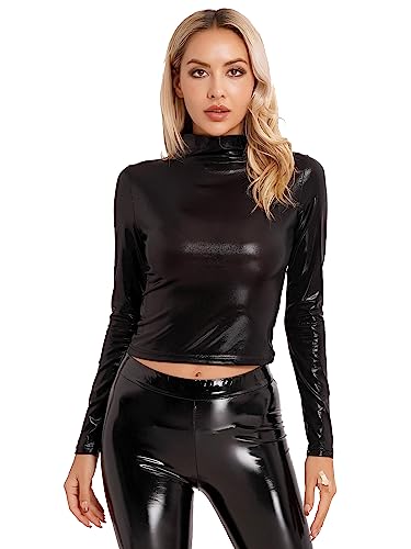 TiaoBug Damen Metallic Shirt Rollkragen T-Shirt Ärmellos/Langarm Lack Leder Crop Tank Top Bauchfrei Unterhemd Sexy Hemd Stylisch Bluse Gr. S-XXL Schwarz G S von TiaoBug