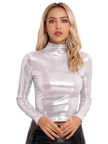 TiaoBug Damen Metallic Shirt Rollkragen T-Shirt Ärmellos/Langarm Lack Leder Crop Tank Top Bauchfrei Unterhemd Sexy Hemd Stylisch Bluse Gr. S-XXL Silber G M von TiaoBug