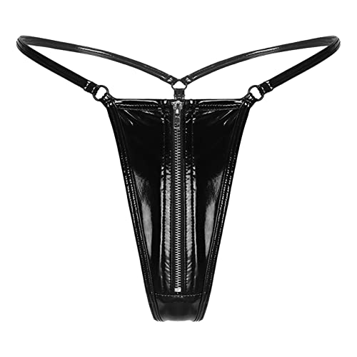 TiaoBug Damen Micro Mini String Tanga Wetlook Unterhosen Bikini Slip Lack Leder Glanz Niedrige Taille Thong T-Back Hipster Panty Schwarz D L von TiaoBug