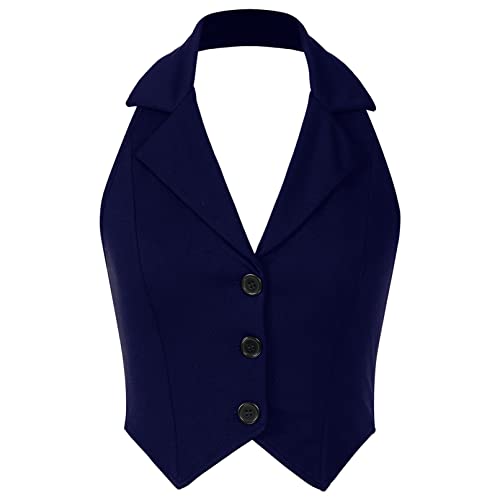 TiaoBug Damen Modern Weste Anzugweste für Weißes Hemd Bluse Neckholder Top Rückenfrei Oberteile Kellner Dienstmädchen Kostüm Jäckchen Dunkelblau C XL von TiaoBug