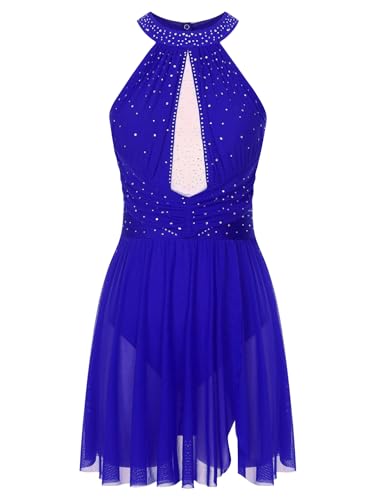 TiaoBug Damen Neckholder Ballettkleider Ärmellos Tanzkleider Glitzer Strass Skaterkleid Latein Lyrisch Modern Eiskunstlauf Bekleidung Blau S von TiaoBug