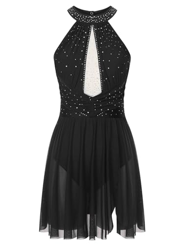 TiaoBug Damen Neckholder Ballettkleider Ärmellos Tanzkleider Glitzer Strass Skaterkleid Latein Lyrisch Modern Eiskunstlauf Bekleidung Schwarz S von TiaoBug