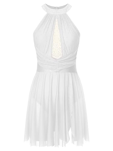 TiaoBug Damen Neckholder Ballettkleider Ärmellos Tanzkleider Glitzer Strass Skaterkleid Latein Lyrisch Modern Eiskunstlauf Bekleidung Weiß XXL von TiaoBug