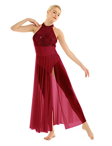 TiaoBug Damen Neckholder Kleider festlich Pailletten Ballettkleid Ballett Trikot Ärmellos Body Mesh Maxi Schlitz Langer Rock Tanzkleidung Burgundy S von TiaoBug