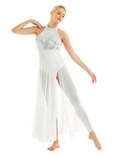TiaoBug Damen Neckholder Kleider festlich Pailletten Ballettkleid Ballett Trikot Ärmellos Body Mesh Maxi Schlitz Langer Rock Tanzkleidung Weiß XS von TiaoBug