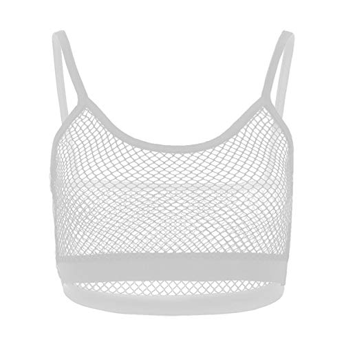 TiaoBug Damen Netz Crop Top Unterhemd Kurz Netzoberteil Party Top Transparent Bustier Bralette Spaghettiträger BH Unterwäsche Erotik Dessous Clubwear Weiß S von TiaoBug