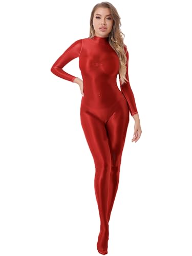 TiaoBug Damen ÖL Glanz Bodystockings Langarm Body Ganzkörperanzug Stretch Jumpsuit Overalls Einteilige Unterwäsche Gogo Outfits Clubwear Rot M von TiaoBug