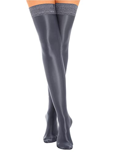 TiaoBug Damen ÖL Glanz Halterlose Strümpfe Spitzen Besatz Elegant Strapsstrümpfe Stretch Overknees Socken Stockings Dunkelgrau Einheitsgröße von TiaoBug