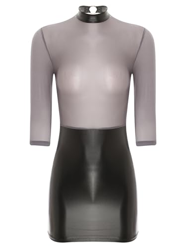 TiaoBug Damen ÖL Glanz Kleid Halbarm Rollkragen Bleistiftkleider Etuikleider Slim Fit Bodycon Minikleider Transparentes Oberteil und Wetlook Rock Gogo Clubwear Grauschwarz Einheitsgröße von TiaoBug