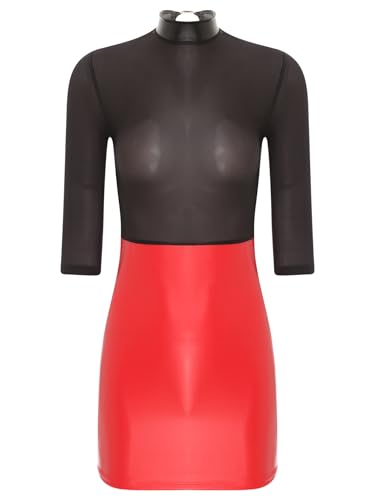 TiaoBug Damen ÖL Glanz Kleid Halbarm Rollkragen Bleistiftkleider Etuikleider Slim Fit Bodycon Minikleider Transparentes Oberteil und Wetlook Rock Gogo Clubwear Schwarz Rot Einheitsgröße von TiaoBug