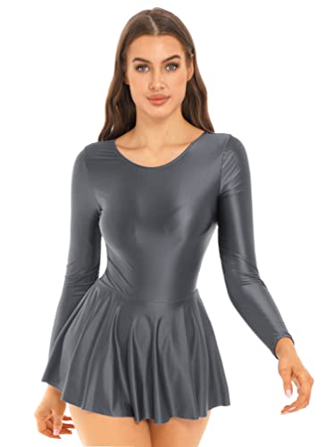 TiaoBug Damen ÖL Glanz Kleid Langarm Skaterkleid Stretch Nylon Ballettkleid Tanzkleid mit Faltenrock und Innenslip Eiskunstlauf Bekleidung Dunkelgrau L von TiaoBug