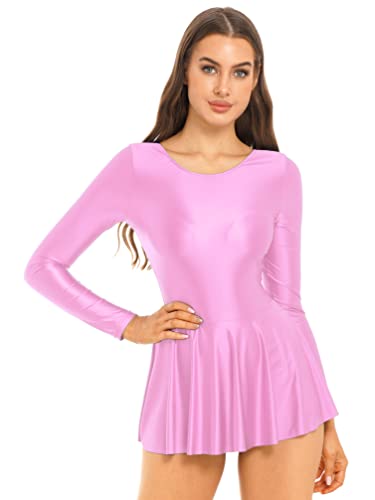 TiaoBug Damen ÖL Glanz Kleid Langarm Skaterkleid Stretch Nylon Ballettkleid Tanzkleid mit Faltenrock und Innenslip Eiskunstlauf Bekleidung Rosa L von TiaoBug