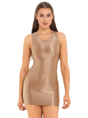 TiaoBug Damen ÖL Glanz Kleid aus Nylon Strumpfhose Slim Fit Bodycon Stretch Minikleid Ärmellos Rundhals Nachthemd Babydoll Negligee Coffee C XL von TiaoBug